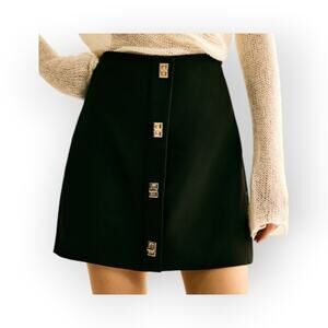 Commense Black Mini Skirt Gold Button Detail Mid Waist Size L-  Parisian Chic
